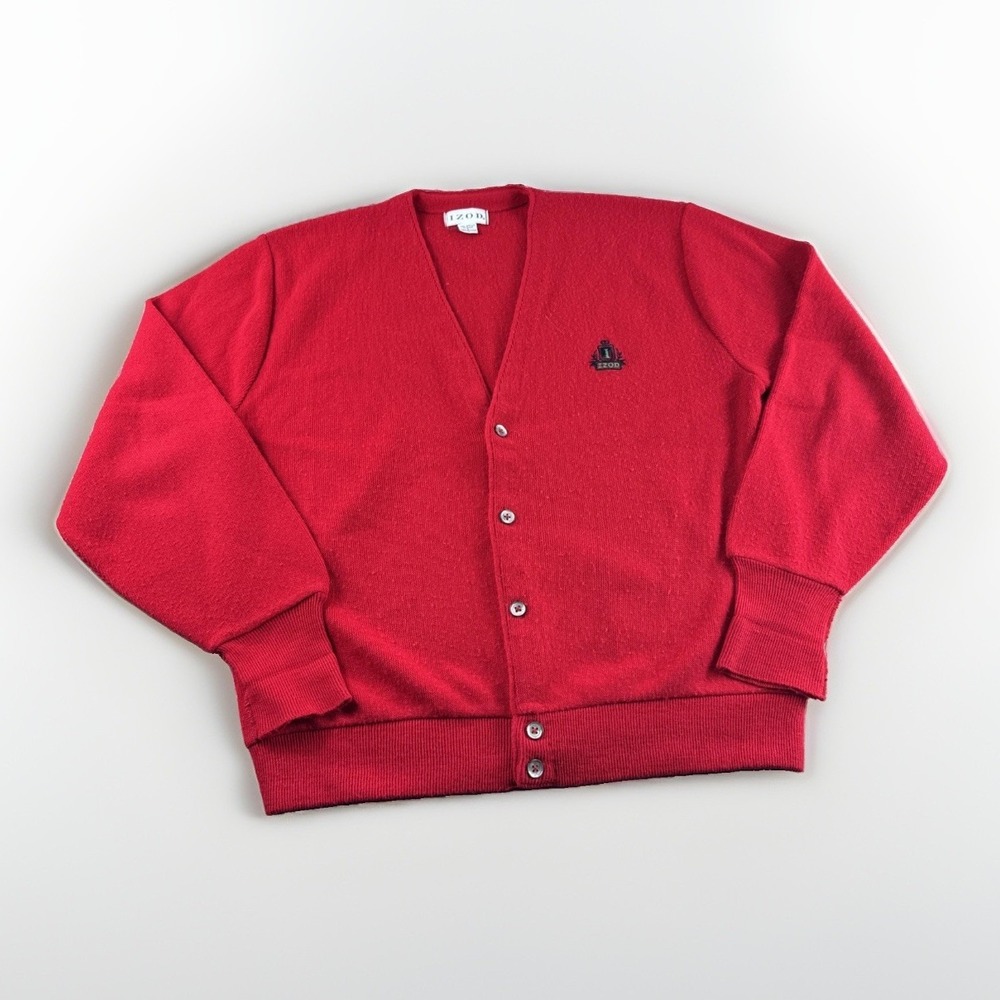Vintage Izod Cardigan Sweater Mens L Made in USA Red Embroidered Sweatshirt